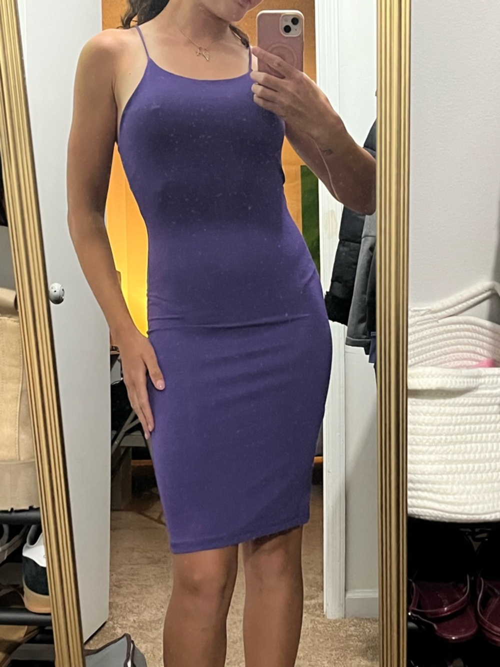 Sleek Purple Midi Bodycon Dress with Spaghetti Straps